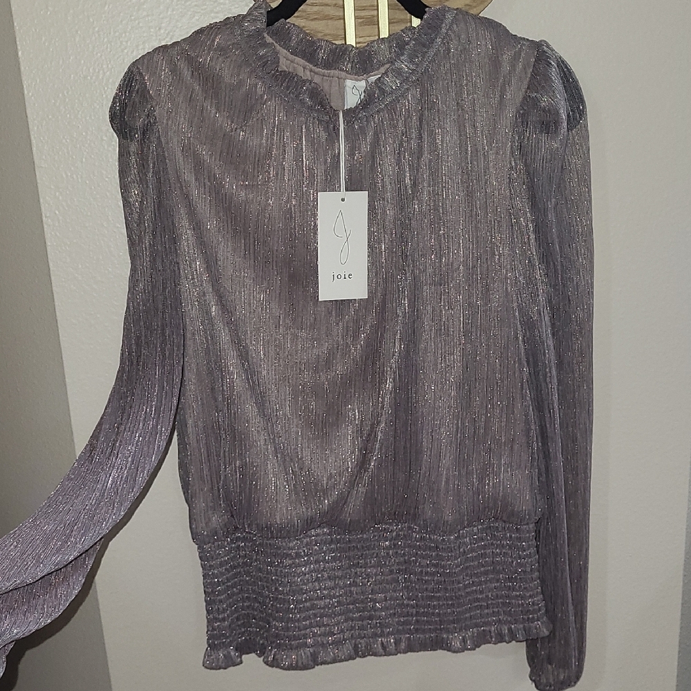 NWT JOIE Champagne Gold Pink Shimmer Sheer Blouse Size XL Smocked Waist Romantic